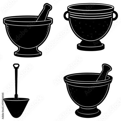Illustration showing four different types of mortar and pestle in black and white silhouette style art