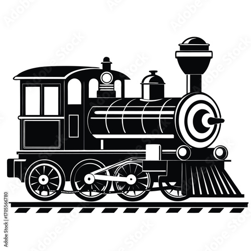 Black silhouette of a vintage steam train with detailed wheels and a bell on a white background