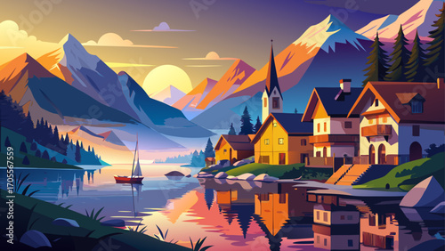 Sunset light warms Hallstatt’s lakeside cottages and the towering Dachstein Alps in Austria, a fairytale village mirrored perfectly in the still water under a soft lavender sky.