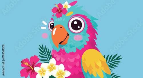 Cheerful Cartoon Parrot with Floral Adornments and Smiling Expression