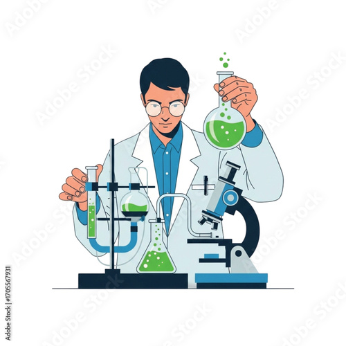 Scientist conducting experiment with green liquid in laboratory.