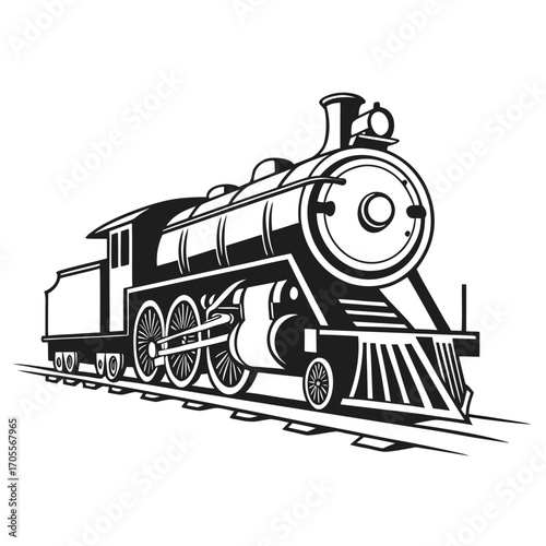 Detailed black and white illustration of a vintage steam locomotive on railway tracks train steam engine