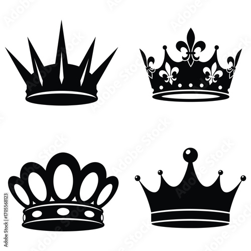 Four distinct crown silhouettes in solid black isolated on white background