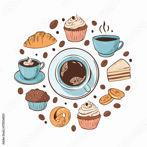 A delightful circular arrangement of coffee, pastries, and cupcakes.