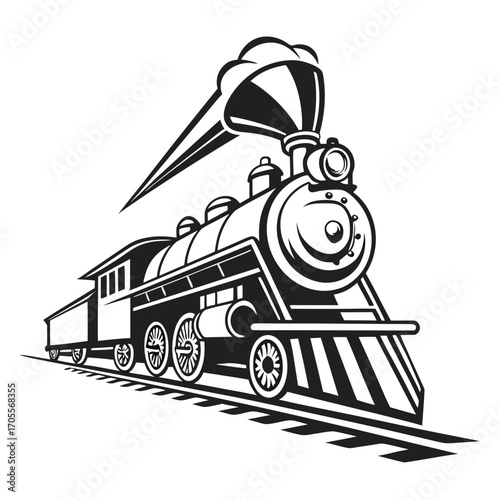 Dynamic black and white illustration of a steam locomotive with a long, pointed plume of smoke