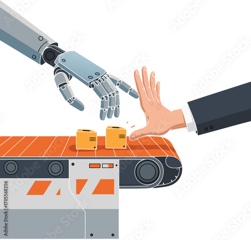 The impact of AI and automation: The robot's hand replaces the human hand on the conveyor belt, symbolizing the replacement of human labor with code and the human cost of progress.