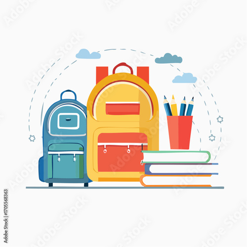 Colorful illustration of school backpacks, books, and pencils, representing the start of the school year.