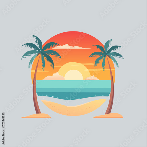Tropical sunset scene with palm trees on a beach, depicted in a circular design.