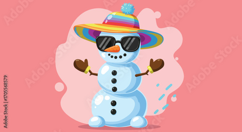 Cartoon Snowman Wearing Sunglasses, Hat, and Mittens, Posing Cheerfully
