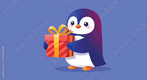Adorable Cartoon Penguin Holding a Gift Box with Yellow Bow