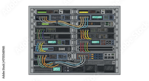 Server Rack With Network Cables And Lights.