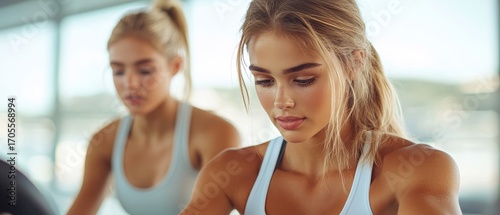 Women Exercising Together. Blonde Female Athlete in Gym. Health Focus. Fitness Lifestyle. Training for Wellness.