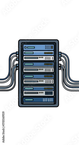 Server Rack With Network Cables Connected.