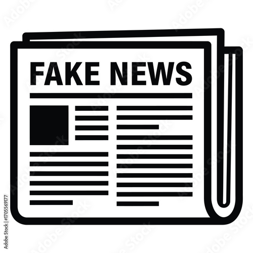 Black and white folded newspaper icon with fake news text isolated on white background