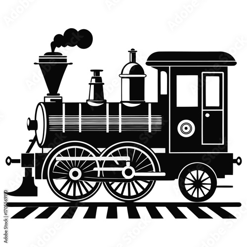 Silhouette of a historical steam engine train with smoke on a white background Keywords: steam engine, locomotive, train, vintage, retro, transportation, railway, steam, engine, transport, travel