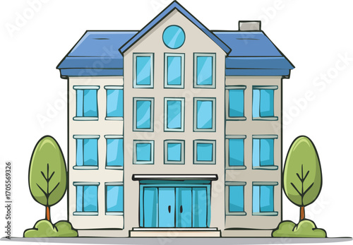 A modern, multi-story building, representing a school, university, hospital, or office. An isolated, flat design vector illustration with a simple landscape. Generative AI