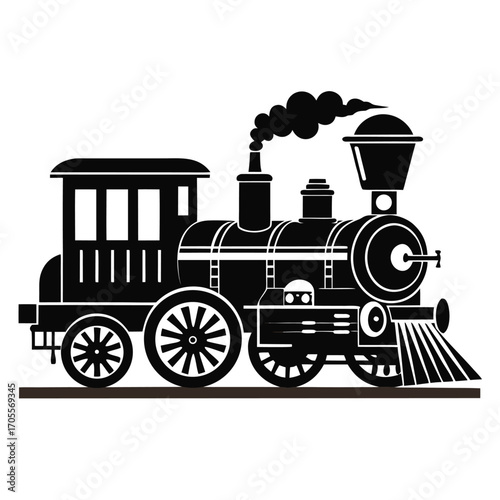 Silhouette of a steam locomotive with smoke emitting from its chimney on a white background train