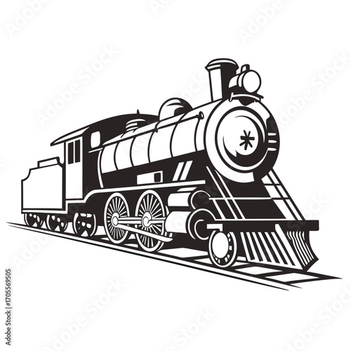 Stylized black and white drawing of a vintage steam locomotive on railroad tracks train railway