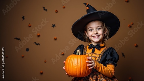 A charming little girl dressed as a witch holding a pumpkin on halloween with bats and confetti background