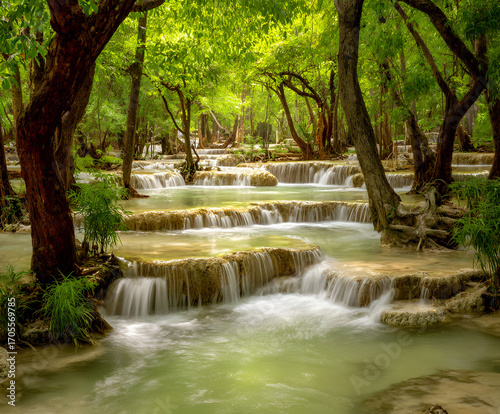 Scenic waterfall cascading over limestone terraces in tropical forest setting