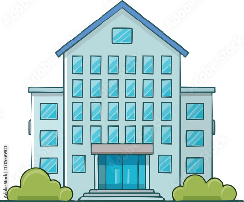 A flat vector illustration of a modern building, such as a school, hospital, or corporate office. A simple and clean architectural design. Generative AI
