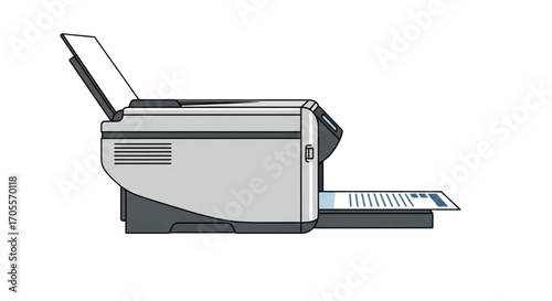Side view of a modern laser printer with paper output tray.