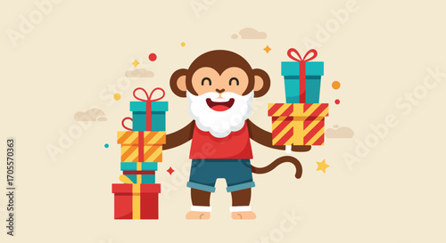 Cheerful Monkey with Gifts: Festive Cartoon Character and Presents