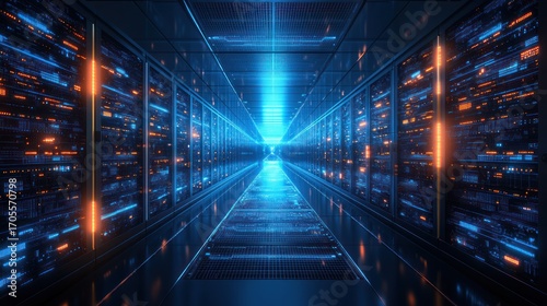 Wallpaper Mural Futuristic server room, digital corridor, glowing panels, technology, interior, data center, server racks, high-tech space, background illustration Torontodigital.ca