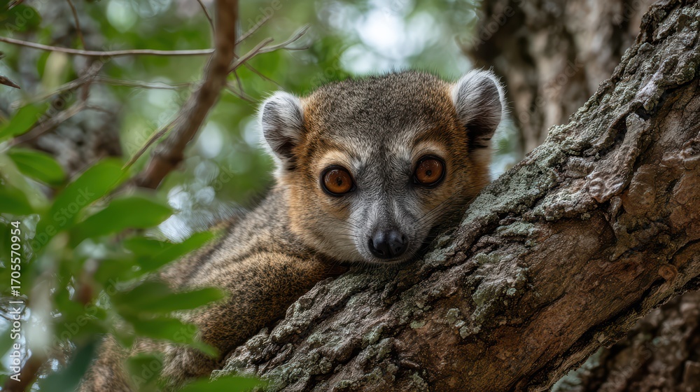 Naklejka premium Cautious Lemur Crouching on a Tree Branch Wildlife Portrait for NatureFocused Projects, Boosting Tranquility and Inspiring Awe.