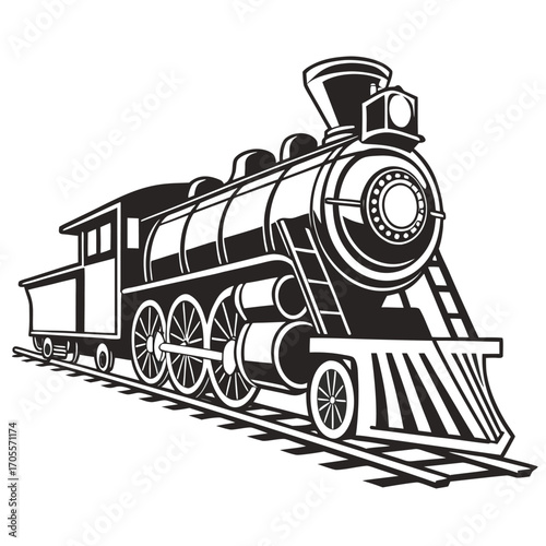 Vintage steam locomotive with tender on railway tracks in black and white illustration steam engine