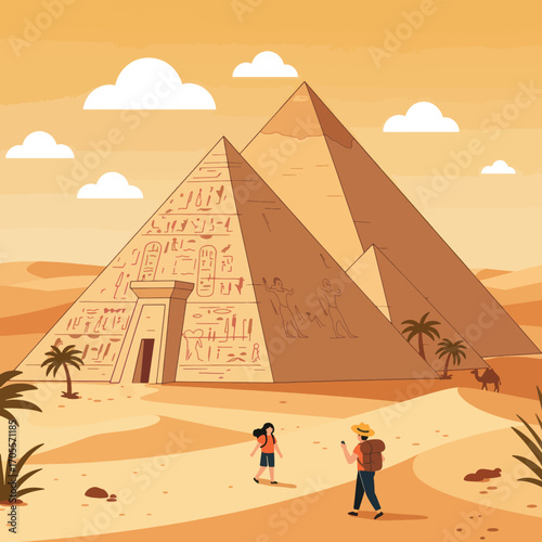 Stylized Egyptian Pyramids with Hieroglyphs, Desert Landscape, and Tourists