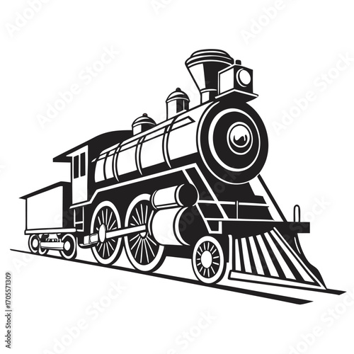 Vintage steam locomotive with tender on railway tracks in black and white vector illustration Keywords: steam engine, locomotive, train, railway, railroad, transportation, vintage, retro, classic
