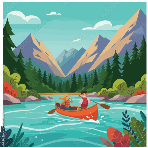 Couple Canoeing on River with Paddles, Wearing Life Vests, Enjoying Nature.
