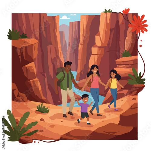 Family Hiking Together in a Canyon, Enjoying Outdoor Adventure