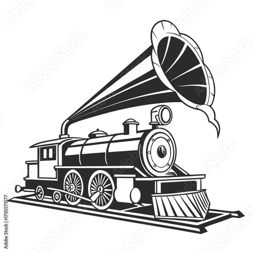 Whimsical black and white illustration of a steam train with a gramophone horn attached locomotive