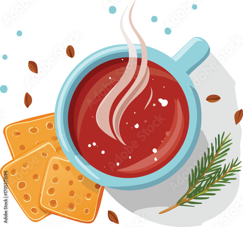 A cozy red mug of hot chocolate or coffee with steam, served with cookies. A warm vector illustration for autumn, winter, and holiday concepts. Generative AI