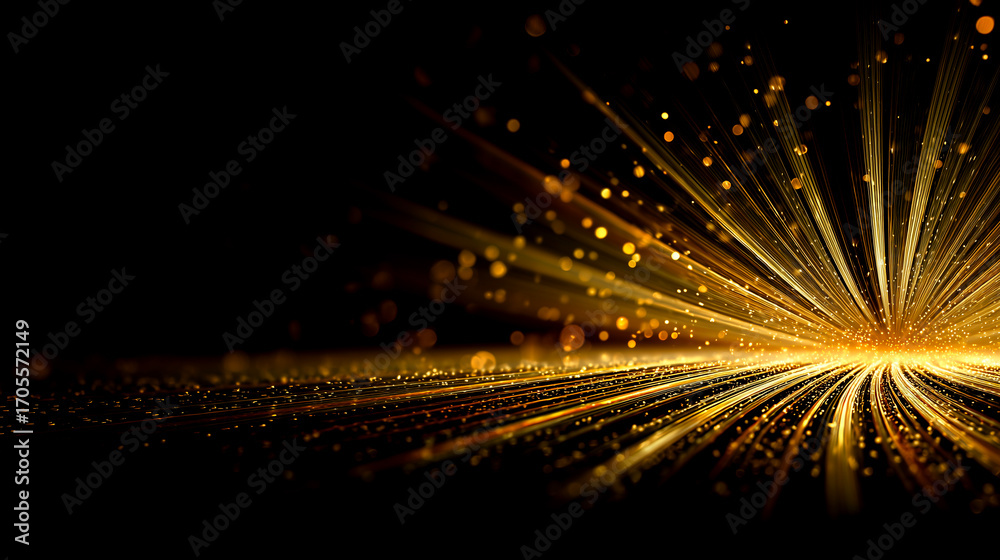 Obraz premium 右奥から流れるゴールドの光線とパーティクルが弧を描く抽象背景