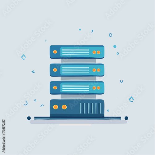 Illustration of a stacked server rack with blue and orange accents, showcasing data storage