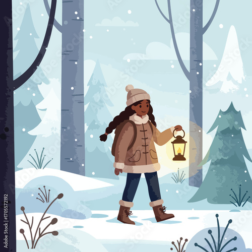 Woman Walking in Winter Forest with Lantern, Illustration Style