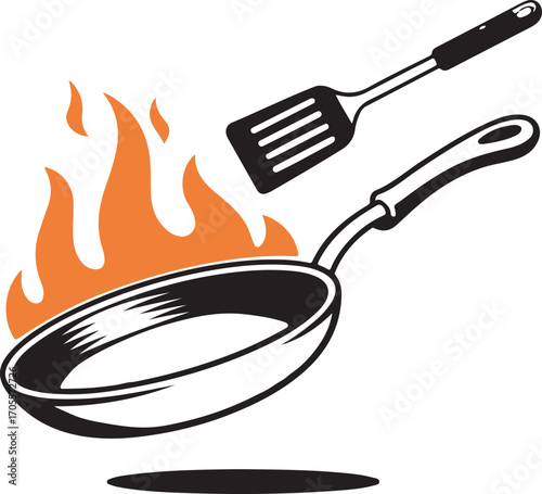 Frying pan and spatula silhouette with flames.