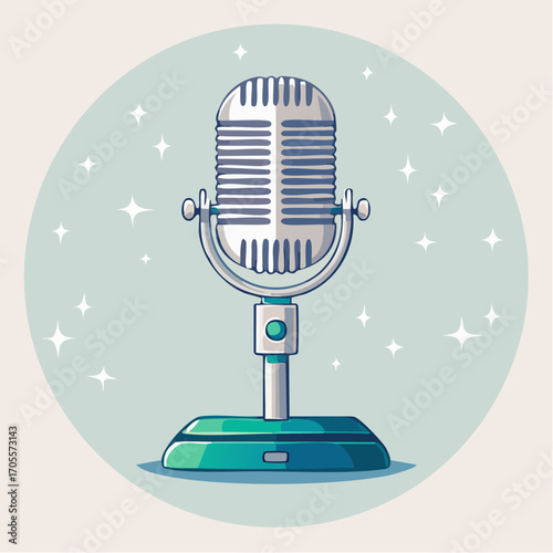 Illustration of a vintage microphone isolated on a light blue background with star embellishments