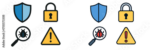 Digital security and data protection icons with warning signs, bug detection, and privacy symbols