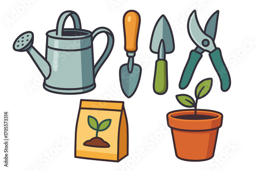 Assortment of essential gardening tools and supplies including watering can, hand trowels, pruning shears, seed packet, and potted plant