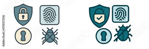 Digital security and privacy icons set with padlock, fingerprint, keyhole, and bug symbols for online protection