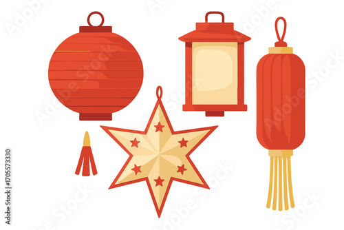 Assortment of traditional Asian festive lanterns and decorative star elements for cultural celebrations and holidays