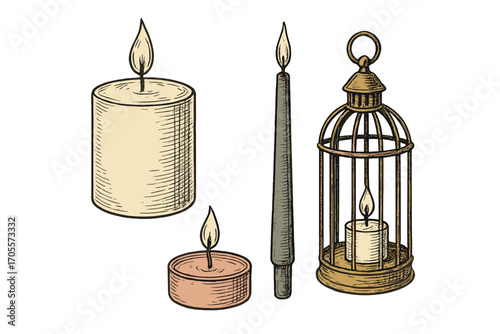 Assortment of burning wax candles including pillar, taper, tealight, and a decorative lantern with a lit candle inside