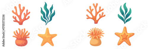 Vibrant underwater marine life elements set with colorful coral, green seaweed, orange sea anemones, yellow starfish, and other aquatic fauna and flora