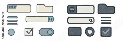 Modern user interface elements for web and mobile applications with search bars, buttons, and toggles