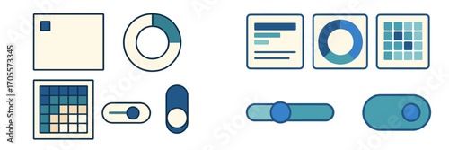 Modern collection of user interface elements featuring data visualization charts, interactive control toggles, and input sliders
