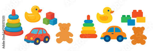 Colorful children's playthings including stacking rings, rubber duck, building blocks, toy car, and teddy bear